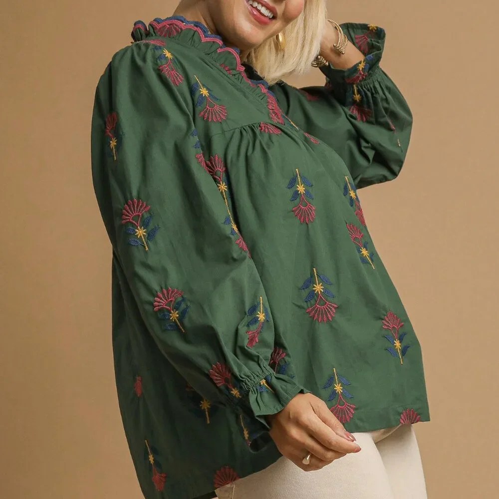 UMGEE Embroidered Floral Ruffle Neck Blouse - Hunter Green - Picture 4 of 7
